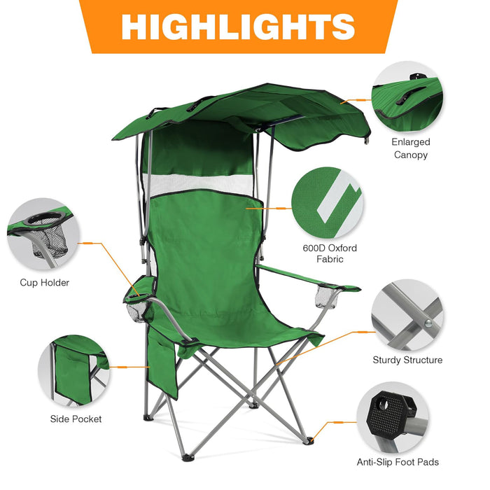 Simenmax Oversized Camping Chair with Sun Canopy - Portable Folding Outdoor Chair with Cup Holders, Side Pocket & Carry Bag, Supports 300 lbs, Green