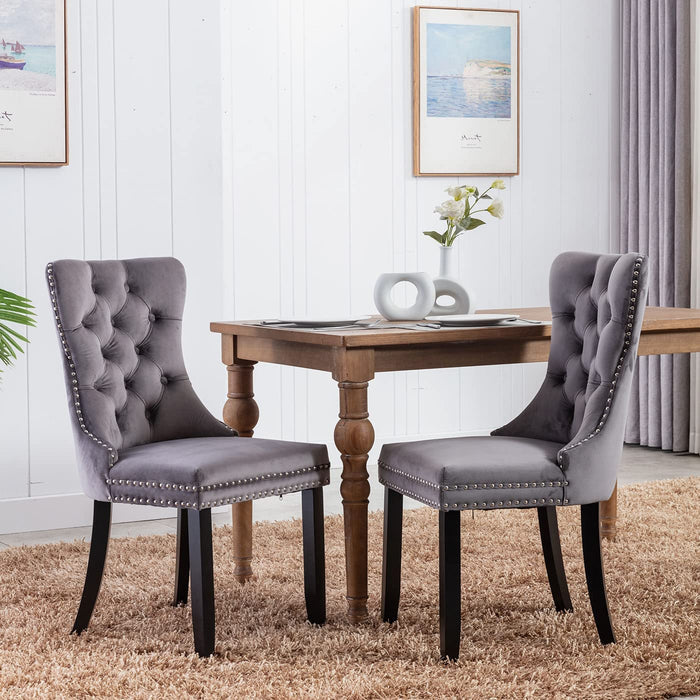 Set of 2 Dining Chairs, High End Velvet Upholstered Dining Chairs, Tufted Dining Chairs with Ring Back and Nailhead Trim-Gray
