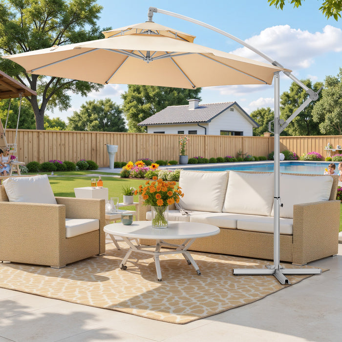 Simenmax 10FT Offset Cantilever Patio Umbrella, 2 Tiers Table Umbrella with 8 Sturdy Ribs, Market Table Parasol for Garden, Lawn, Backyard, Pool, Beige