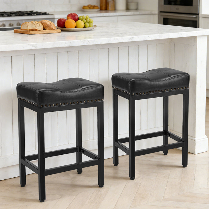 Sybels 24" Saddle Bar Stools (Set of 2) - PU Leather Counter Stools with Footrest for Kitchen Island, Cafe