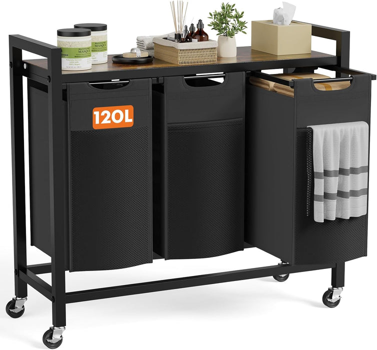 Simenmax Laundry Hamper, 120L Large Double Laundry Basket, Freestanding Laundry Sorter Organizer 3 Section with Top Shelf & 3 Removable Washable Bags for Dorm