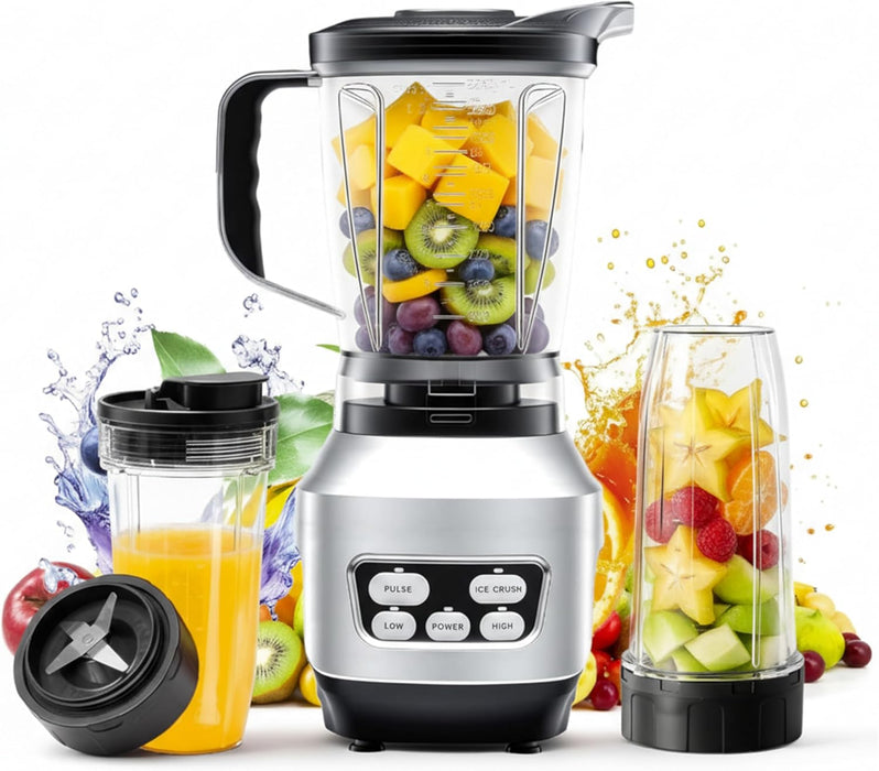 Simenmax 1200W Simenmax Powerful Blender for Kitchen, 60 oz Glass Countertop Blender for Smoothies with Personal Cups for Travel, Silver