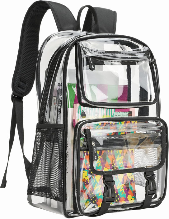 Large Clear Backpack for Boys, Cute Transparent Heavy Duty Stadium Approved PVC Kids School Book Bags With Free Pendant As Gift, Black