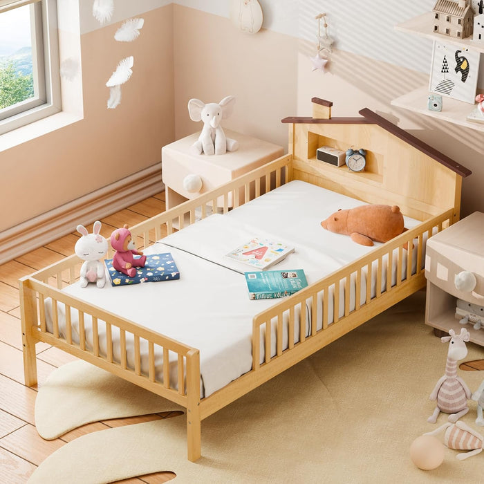 Simenmax Twin Size Bed Frame with House Headboard, Storage Guardrails - Solid Wood, No Box Spring, Natural Brown