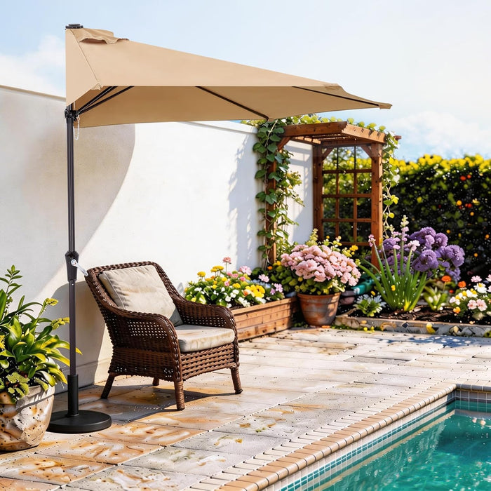 Simenmax 9 FT Half Umbrella Outdoor Patio, Scalloped Half Umbrella with Crank, Space-Saving Design for Poolside, Terrace,Khaki