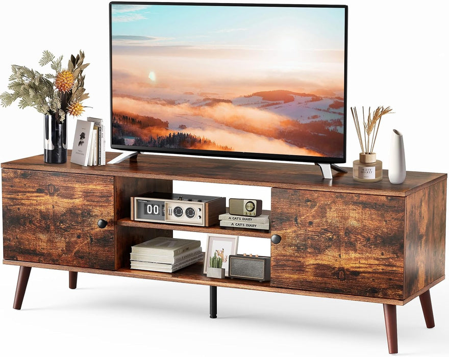 TINKLE WELL TV Stand for 55-60 Inch TVs, 3-Level Adjustable Shelf with 2 Storage Cabinets, Soft-Hinge Handle Doors, and Wooden Media Console for Living Room or Office