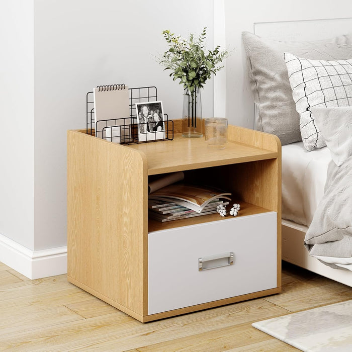 TINKLE WELL Modern Nightstand, Solid Hardwood with Drawer & Open Shelf, Natural Farmhouse Maple Wood Finish, Bedside Table for Bedroom