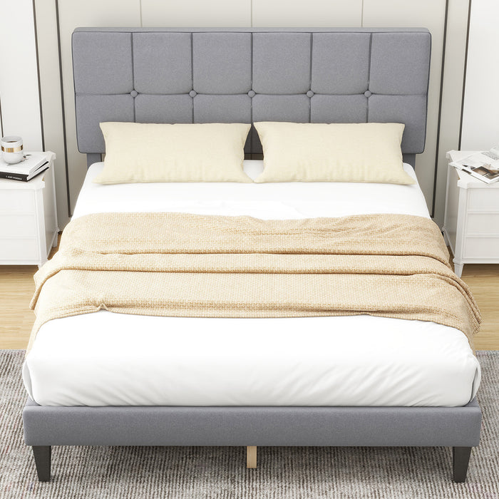 Twin Upholstered Platform Bed Frame with Linen Headboard Wood Slat, Gray