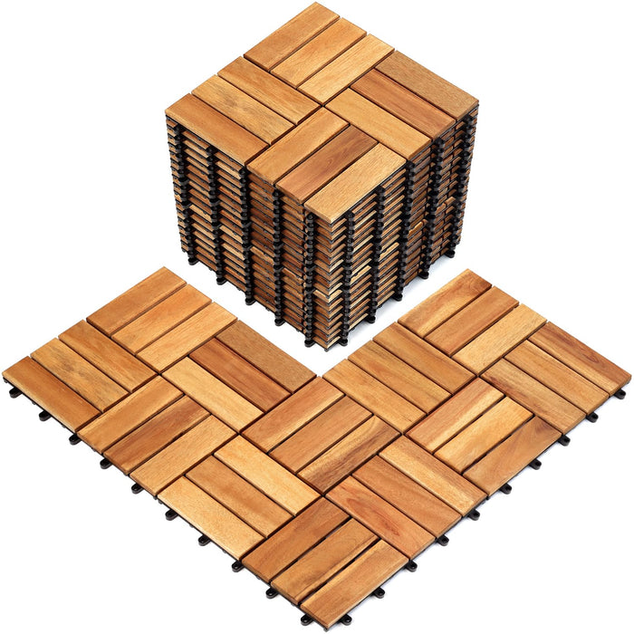 TINKLE WELL 10-Pack Interlocking Solid Wood Deck Tiles, 12"x12" Waterproof Outdoor Flooring for Patio, Garden, Poolside, Stripe