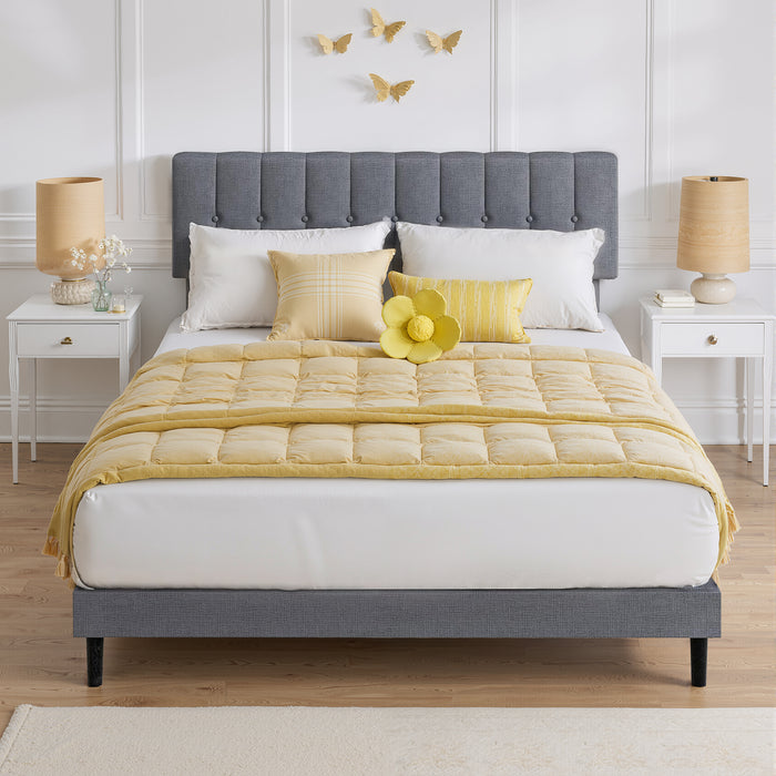 Yangming Queen Upholstered Platform Bed Frame with Linen Headboard Wood Slat, Dark Gray