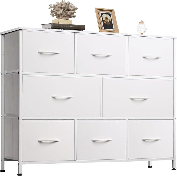 Bigleap TV Stand 8 Drawer Dresser for Bedroom, Large Storage Fabric Dresser with Wood Top, Versatile Chest of Drawers for Living Room, Closet, Entryway,White