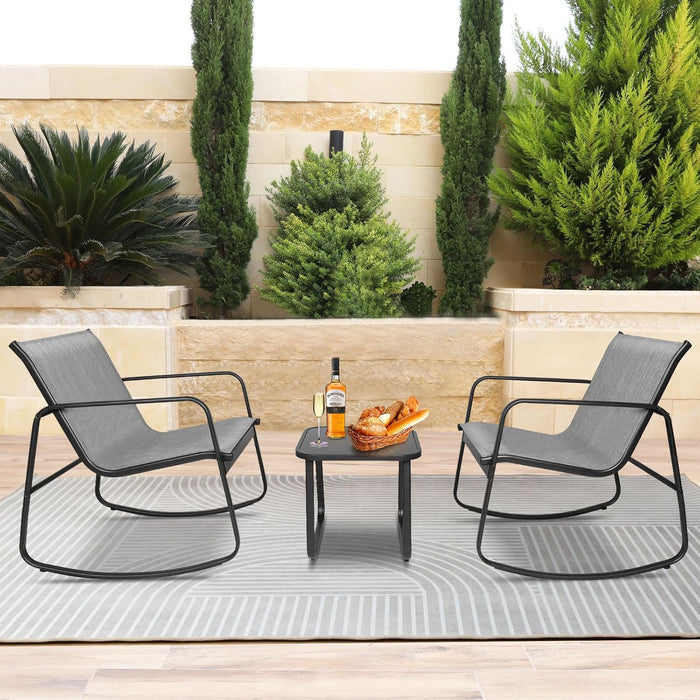 Simenmax 3-Piece Outdoor Rocking Set, Outdoor Furniture Set with Textilene Chairs & Glass-Top Table, Conversation Set of 3 for Porch, Lawn, Garden, Yard, Balcony, Poolside, Gray