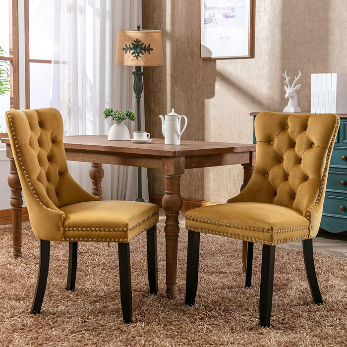 Set of 2 Dining Chairs, High End Velvet Upholstered Dining Chairs, Tufted Dining Chairs with Ring Back and Nailhead Trim-Yellow
