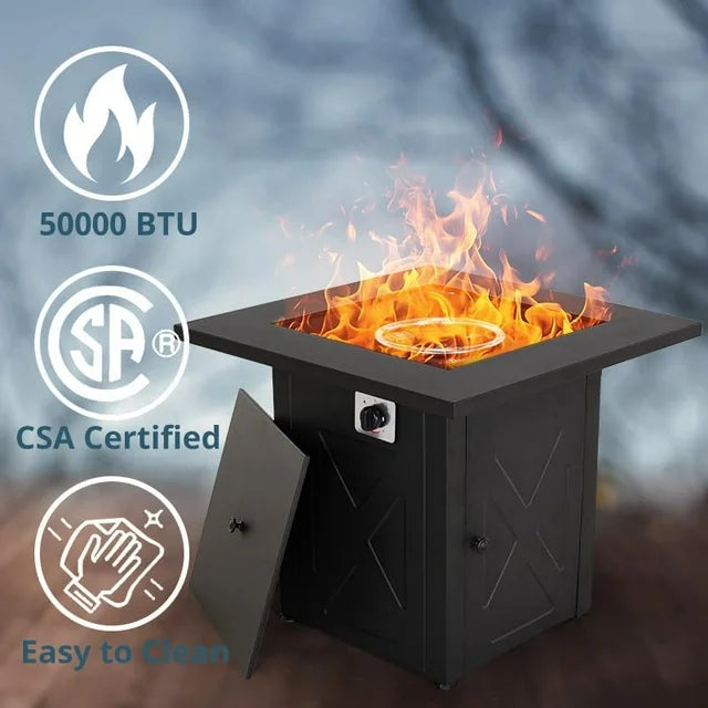 28in Fire Pit Table, Propane Firepit Outdoor Gas Fire Pits Clearance, 50,000 BTU with Metal Tabletop, Lid, Lava Rocks for Outside Patio, Garden, Deck, Yard