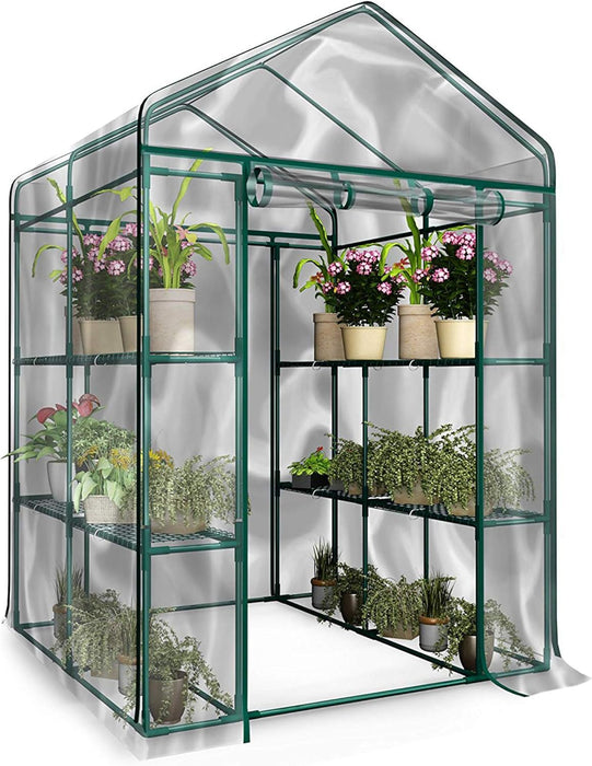 Simenmax 56'' Walk-In Greenhouse, Garden House with Roll-Up Door & Sturdy Shelves, Season Extension for Herbs, Vegetables, Seedlings,Clear