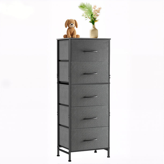 Bigleap 5-Drawer Dresser，5 Drawer Nightstand with Wood Top & Fabric Bins - Slim Storage Cabinet for Bedroom, Closet, Living Room,Gray