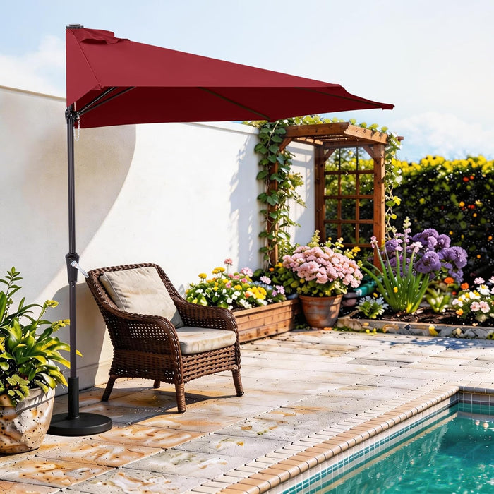 Simenmax 9 FT Half Umbrella Outdoor Patio, Scalloped Half Umbrella with Crank, Space-Saving Design for Poolside, Terrace,Red