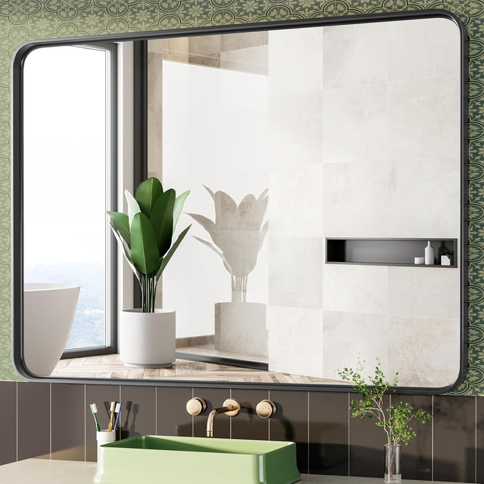 30x40" Black Vanity Bathroom Mirror for Wall, Metal Framed Rounded Rectangular Modern Mirrors for Over Sink, Farmhouse, Tempered Glass, Hangs Horizontally or Vertically