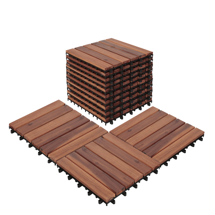 Beddle 10 Pack Deck Tiles Interlocking Solid Wood Outdoor Flooring Waterproof 12"X12" for Patio Porch Garden Balcony Poolside-6 Slats