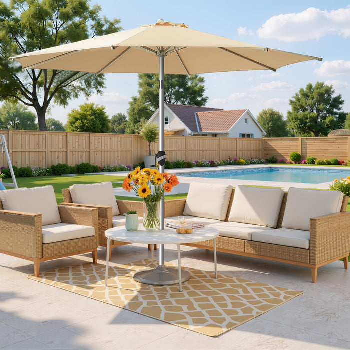 Simenmax 9FT Patio Umbrella with Push Button Tilt and Crank, Outdoor Table Umbrella with 8 Sturdy Ribs, Market Table Parasol for Garden, Lawn, Backyard & Pool, Beige