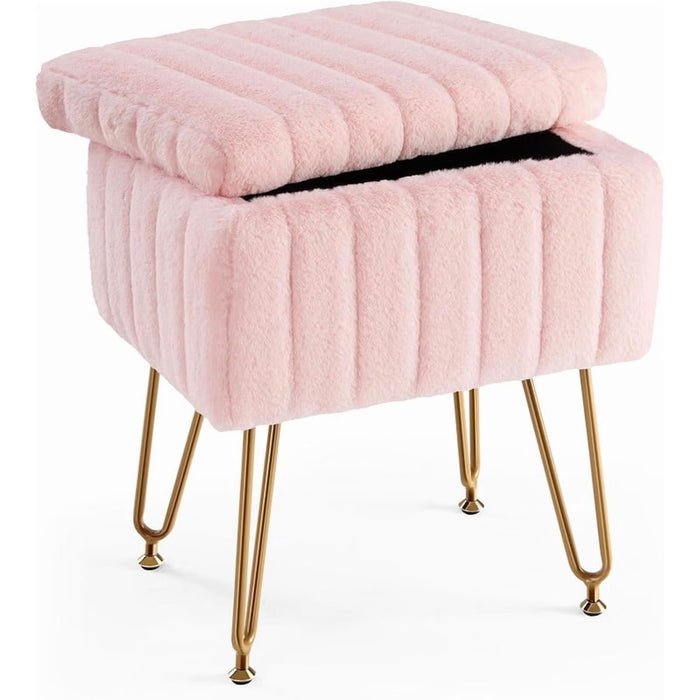 Dozzle Faux Fur Makeup Bench – Adjustable, Anti-Slip Storage Ottoman Stool