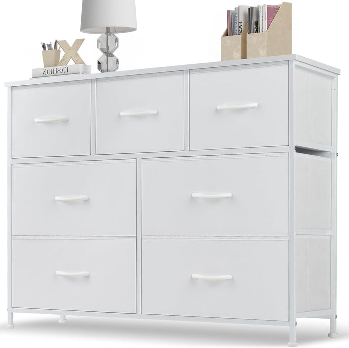 Bigleap 7 Drawer Dresser, Wide Chest Of Drawers Nightstand Storage Tower Storage Dresser Fabric Dresser With Wood Top for Living Room, Bedroom, Hallway, Nursery, White