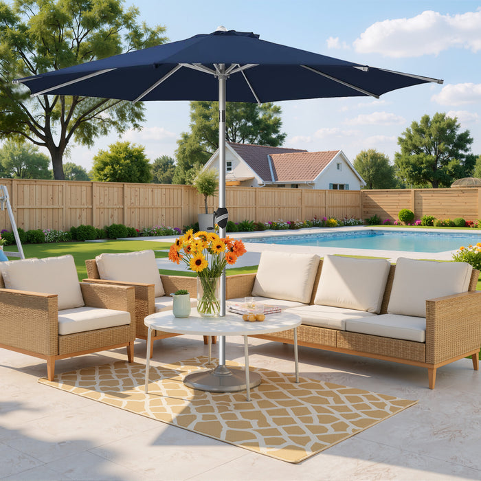 Simenmax 9FT Patio Umbrella with Push Button Tilt and Crank, Outdoor Table Umbrella with 8 Sturdy Ribs, Market Table Parasol for Garden, Lawn, Backyard & Pool, Dark Blue