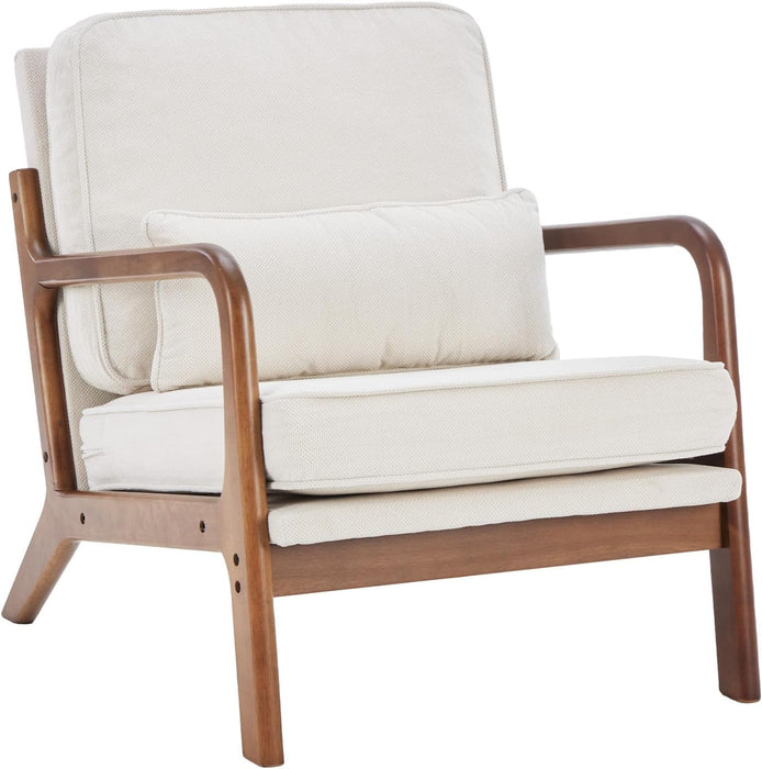Simenmax Mid Century Modern Accent Chair, Lounge Chair with Cushion, Solid Wood Chair with Arms, Reading Chair for Living Room, Bedroom,Beige