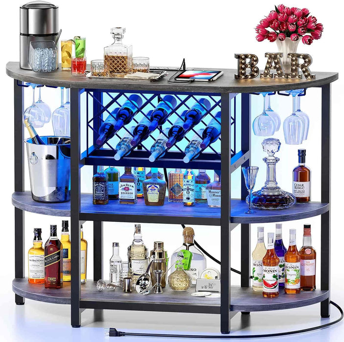Bigleap 4-Tier Floor Bar Cabinet with LED Lights & Power Outlet, Freestanding Wine Rack and Coffee Bar Station with Glass Holder, Gray