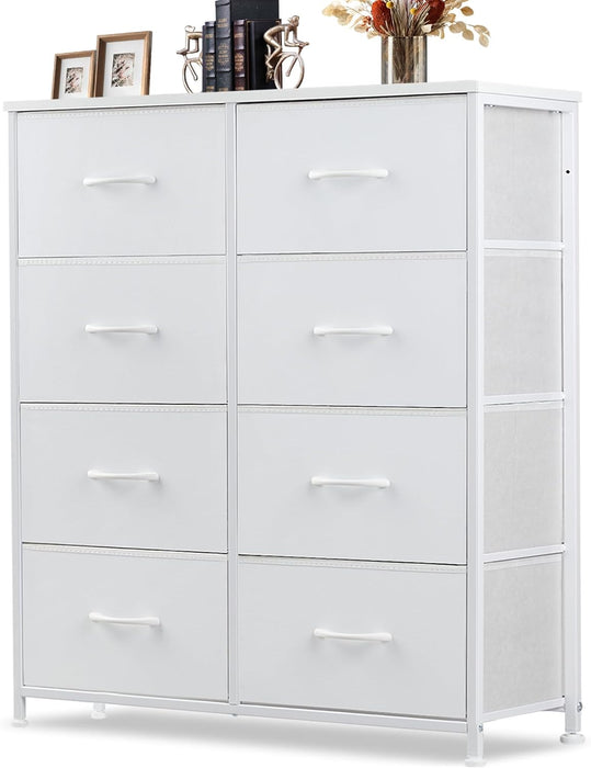 8 Drawer Dresser, Tall Chest Of Drawers Nightstand Storage Tower Storage Dresser Fabric Dresser With Wood Top for Living Room, Bedroom, Hallway, Nursery, White