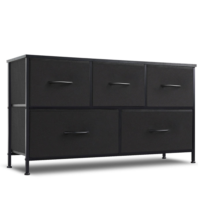 Bigleap 5 Drawer Dresser, Wide Chest Of Drawers Nightstand Storage Tower Storage Dresser Fabric Dresser With Wood Top for Living Room, Bedroom, Hallway, , Black
