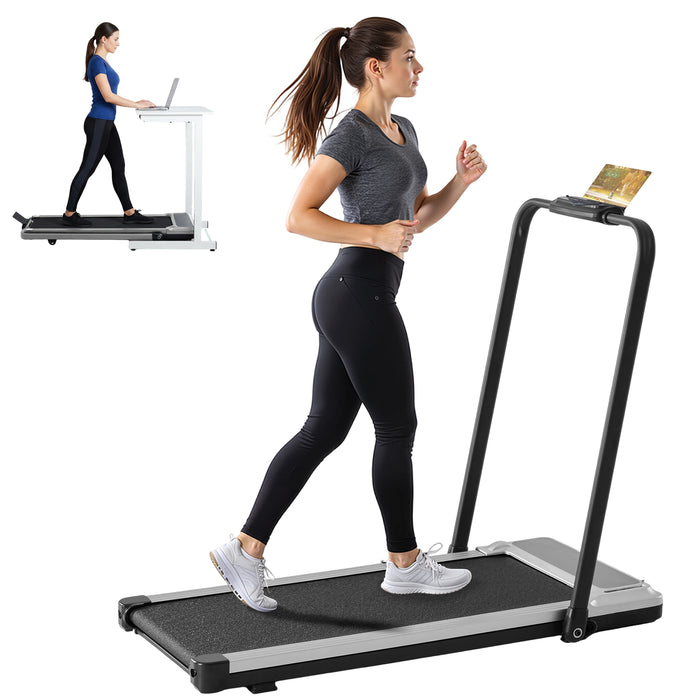 Simenmax 2-in-1 Foldable Walking Treadmill with Handrails, Quiet Under Desk Treadmill for Home Office, Remote Control, LED Display, 265lbs Capacity, Silver