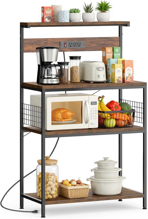 Simenmax 31.5" Kitchen Bakers Rack with Power Outlet, 4-Tier Adjustable Microwave Stand, Coffee Bar Station, Brown Storage Shelf Appliance Organizer