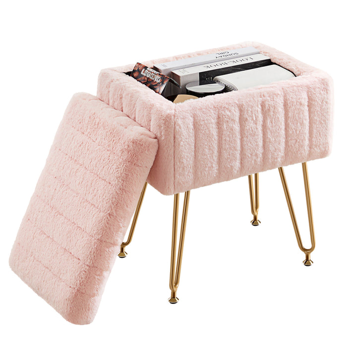 Bigleap Ottoman Vanity Stool Chair with Storage, Modern Style Faux Fur Seat with 4 Metal Legs & Non-slip Feet for Living Room, Bedroom, Pink