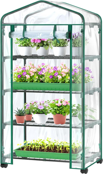 Simenmax 4-Tier Portable Mini Greenhouse, 27'' Plant Shelter with PVC Cover, Roll-Up Door & Stable Stand for Seedling, Herbs, Flowers,Clear