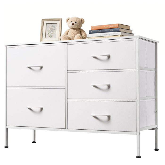 Bigleap 5-Drawer Fabric Dresser, Wide Storage Organizer Dresser for Bedroom, Living Room & Closet,White