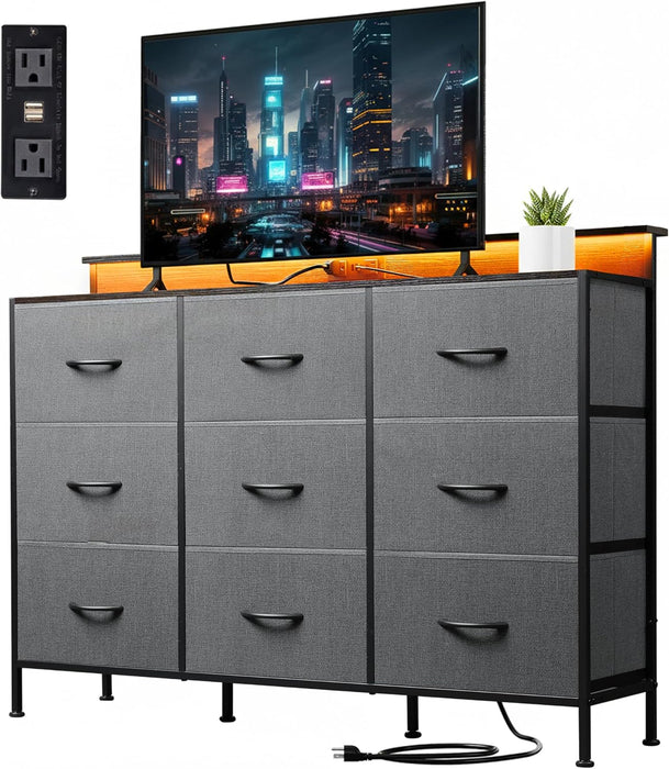 Bigleap LED TV Stand 9-Drawer Dresser Charging Station, Entertainment Center for Bedroom or Living Room, Wood Top Media Console with Fabric Drawers for 45-55 Inch TV, Gray