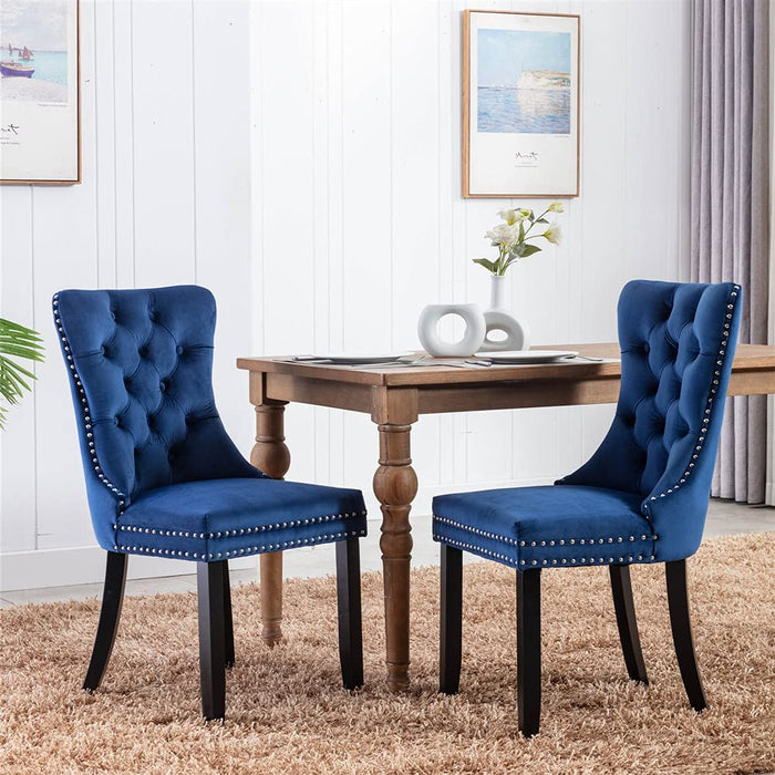 Set of 2 Dining Chairs, High End Velvet Upholstered Dining Chairs, Tufted Dining Chairs with Ring Back and Nailhead Trim-Blue