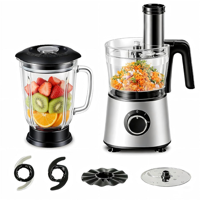 Simenmax 6-in-1 Food Processor & Blender Combo, 1.5L Glass Jar, 300W Electric Chopper with 2 Speeds + Pulse, Vegetable Slicer & Dough Kneader for Home Kitchen