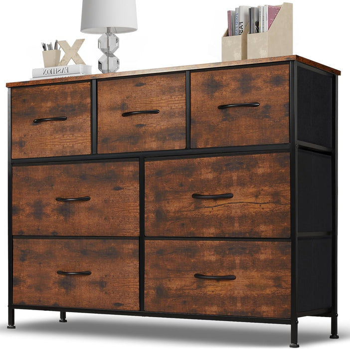 Bigleap 7 Drawer Dresser, Wide Chest Of Drawers Nightstand Storage Tower Storage Dresser Fabric Dresser With Wood Top for Living Room, Bedroom, Hallway, Nursery, Rust