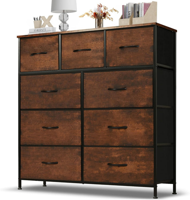 Bigleap 9 Drawer Dresser, Wide Chest Of Drawers Nightstand Storage Tower Storage Dresser Fabric Dresser With Wood Top for Living Room, Bedroom, Hallway, Nursery, Rust