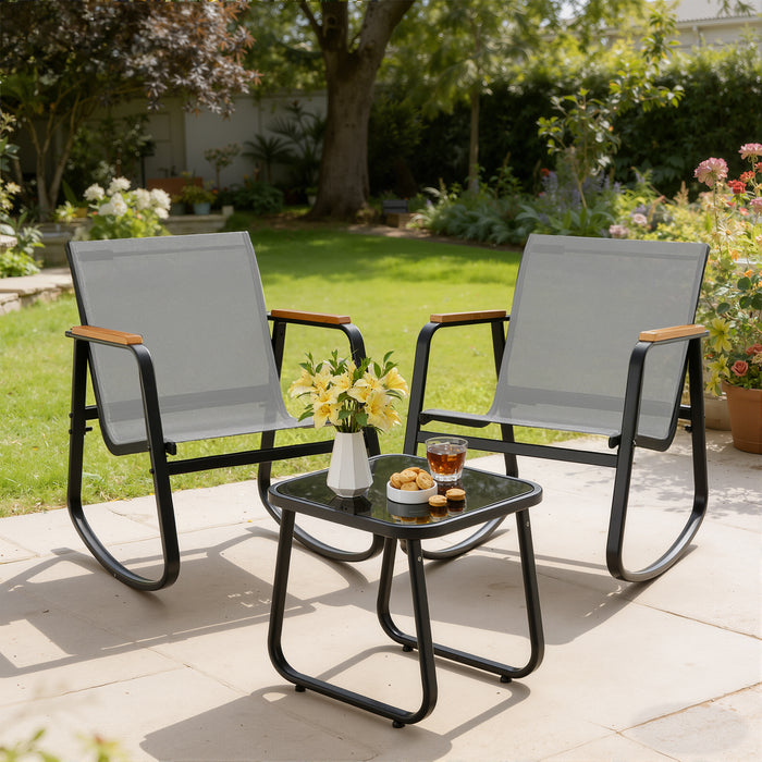 TINKLE WELL 3/4-Piece Outdoor Rocking Bistro Set – Textilene Rocking Chairs with Glass-Top Table for Porch, Lawn, Balcony, Black