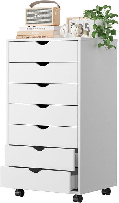 TINKLE WELL 7 Drawer Wooden Rolling File Cabinet, Mobile Compact Storage Dresser for Home Office Organization, White