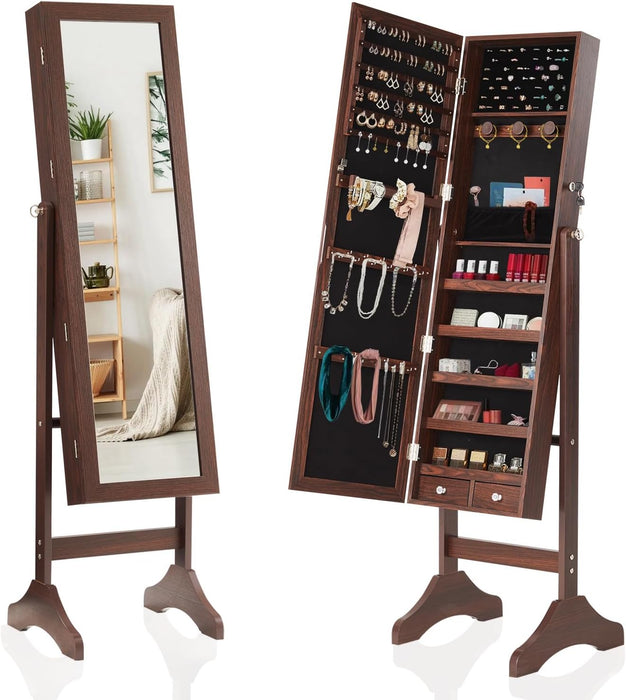 Simenmax Freestanding Jewelry Armoire with Full-Length Mirror, Lockable Storage Cabinet, 60-inch Tall Makeup Organizer with Velvet Lining,Brown