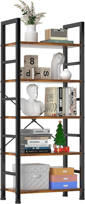 5 Tier Wooden Bookshelf Storage Shelves Organizer Retro Bookshelf Plant Display Shelf for Living Room Home Office Balcony - Rust Brown