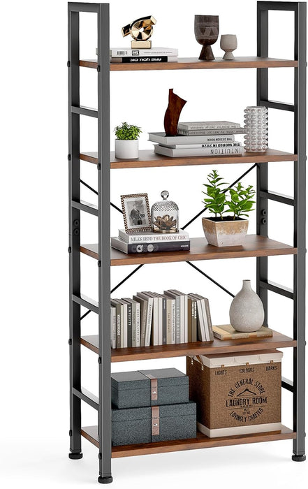 Simenmax 5-Tier Bookshelf - 62.2" Tall Rustic Brown Display Storage Shelves for Living Room, Office, Bedroom, Brown