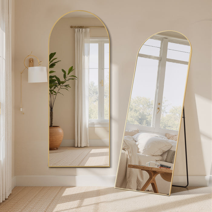 Simenmax 64''x21'' Arched Full Length Mirror with Stand, Aluminum Frame Floor Mirror for Cloakroom, Hallway, Gold