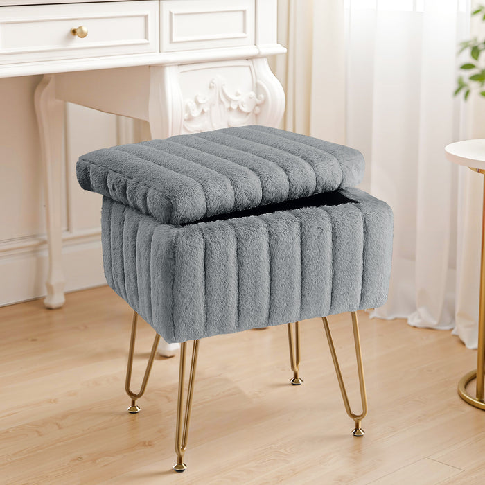 TINKLE WELL Storage Vanity Stool Chair, Soft Faux Fur Makeup Ottoman, Adjustable Anti-Slip Feet, Modern Footrest for Bedroom, Makeup, Entryway