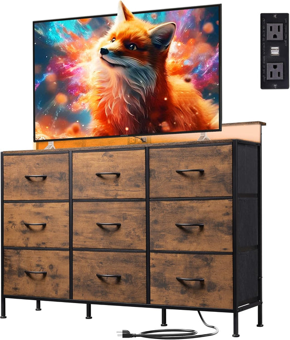 Bigleap LED TV Stand 9-Drawer Dresser Charging Station, Entertainment Center for Bedroom or Living Room, Wood Top Media Console with Fabric Drawers for 45-55 Inch TV, Brown