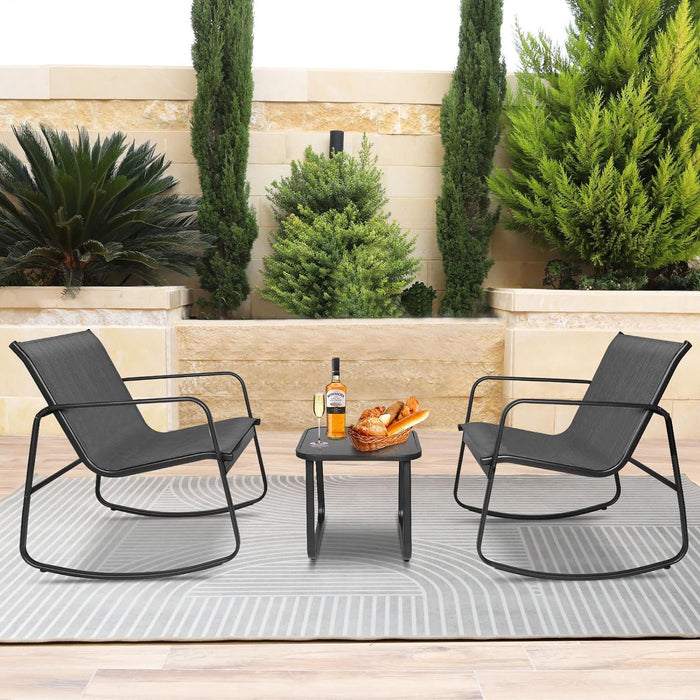 Simenmax 3-Piece Outdoor Rocking Set, Outdoor Furniture Set with Textilene Chairs & Glass-Top Table, Conversation Set of 3 for Porch, Lawn, Garden, Yard, Balcony, Poolside, Black